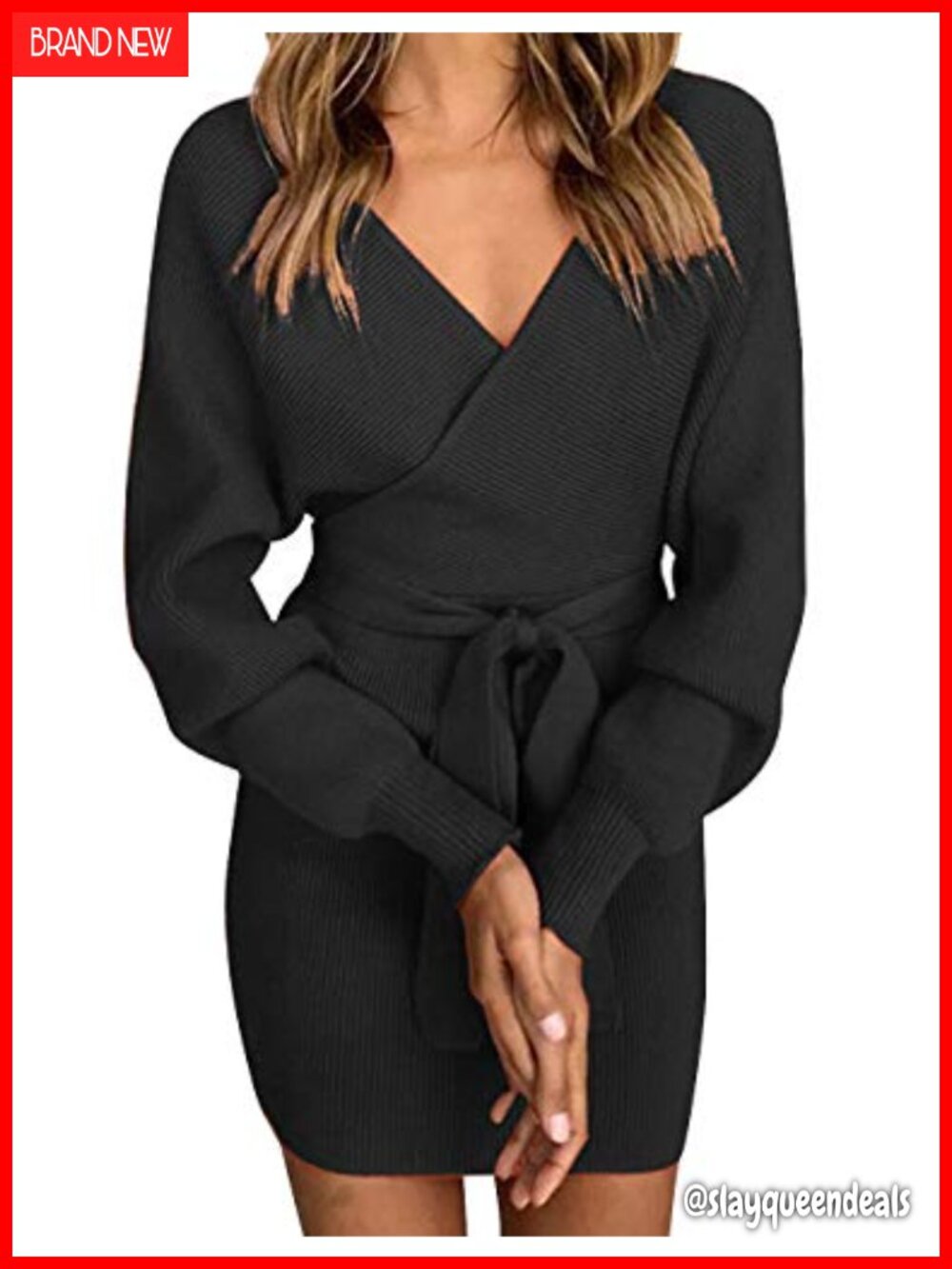 Batwing Sleeve Backless Bodycon Sweater Dress with Belt